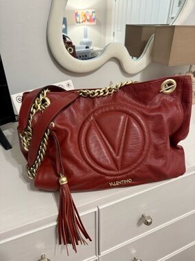 Vintage Valentino Red Leather Shoulder Bag with Gold Chain and Tassel